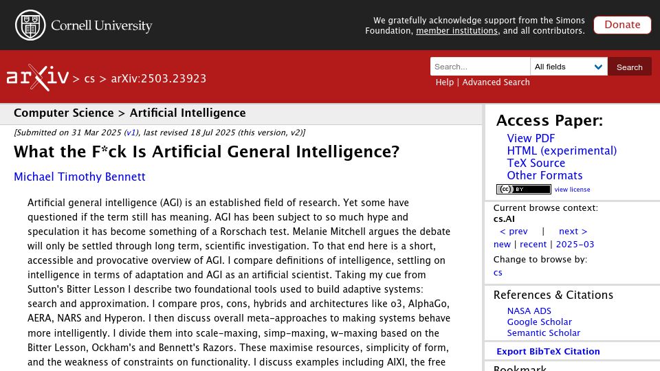 Screenshot of arxiv.org: What Is Artificial General Intelligence?