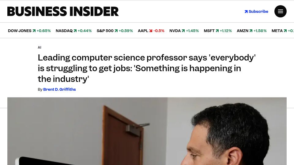 Screenshot of businessinsider.com: Leading computer science professor says 'everybody' is struggling to get jobs