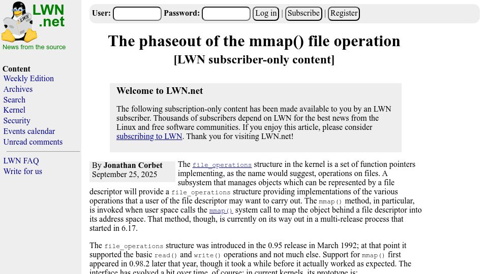 Screenshot of lwn.net: The phaseout of the mmap() file operation in Linux