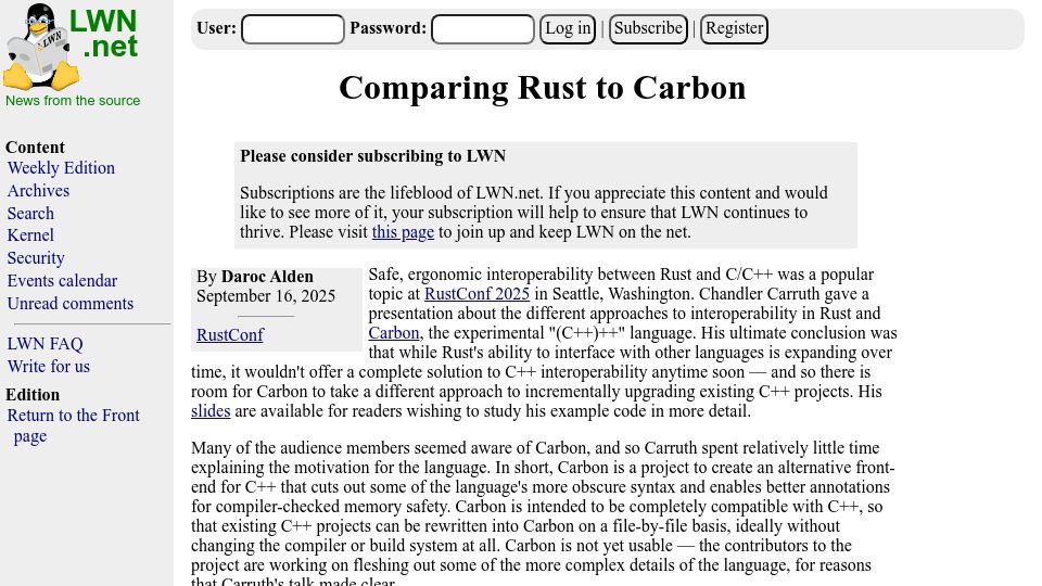 Screenshot of lwn.net: Comparing Rust to Carbon
