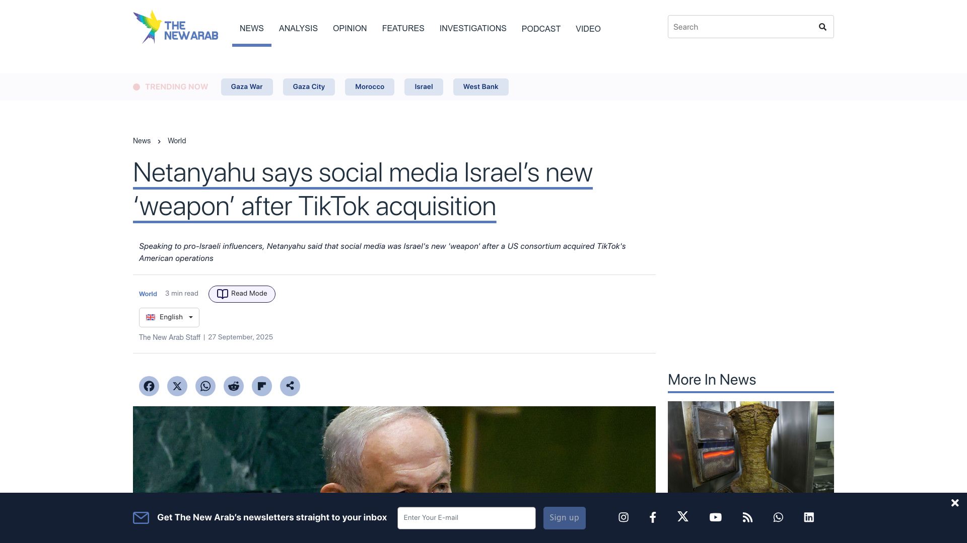 Screenshot of newarab.com: Netanyahu says social media Israel's new 'weapon' after TikTok acquisition