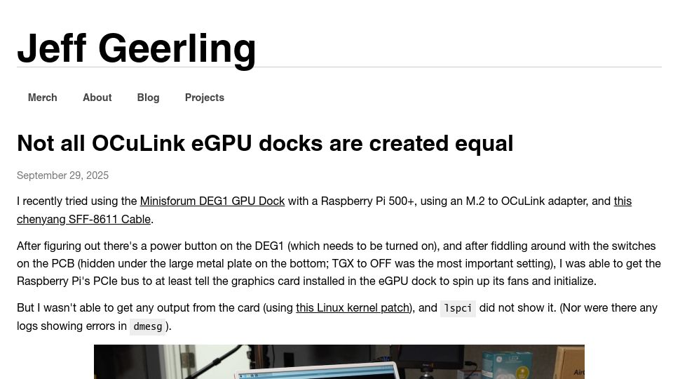 Screenshot of jeffgeerling.com: Not all OCuLink eGPU docks are created equal