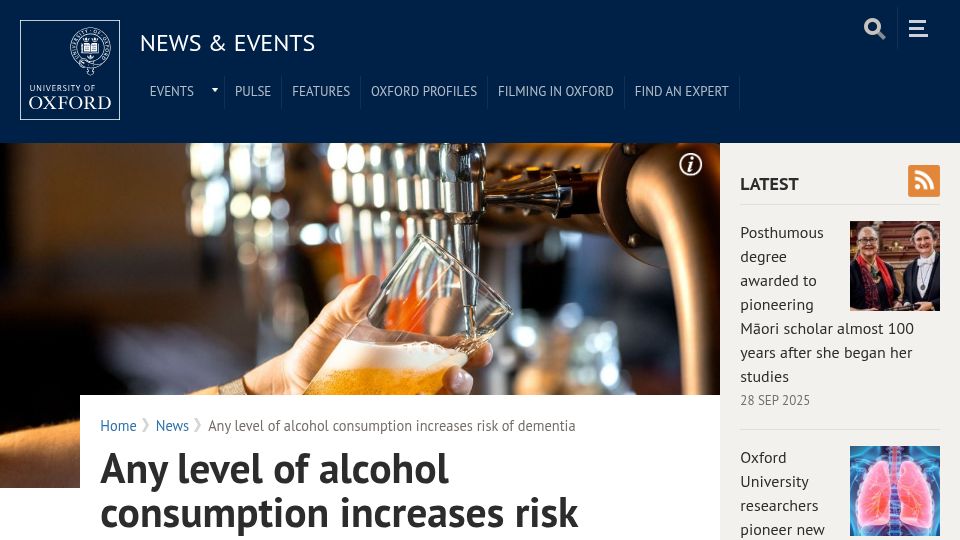Screenshot of ox.ac.uk: Any level of alcohol consumption increases risk of dementia