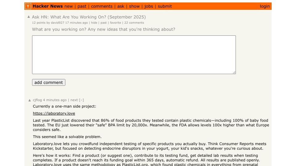 Screenshot of Hacker News post: Ask HN: What are you working on? (September 2025)