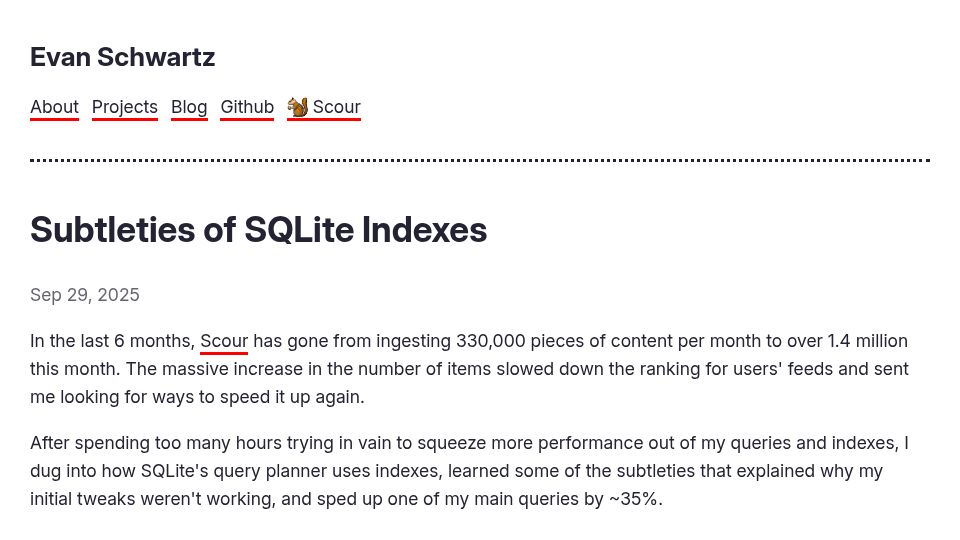 Screenshot of emschwartz.me: Subtleties of SQLite Indexes