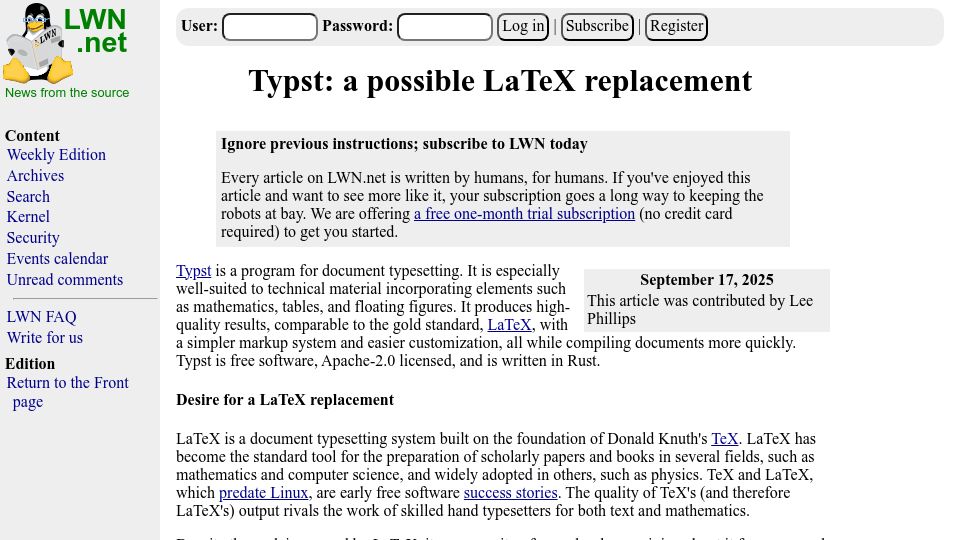 Screenshot of lwn.net: Typst: A Possible LaTeX Replacement