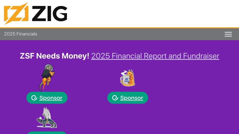 Screenshot of ziglang.org: Zig Software Foundation 2025 Financial Report and Fundraiser