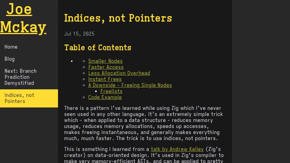 Screenshot of joegm.github.io: Indices, not Pointers