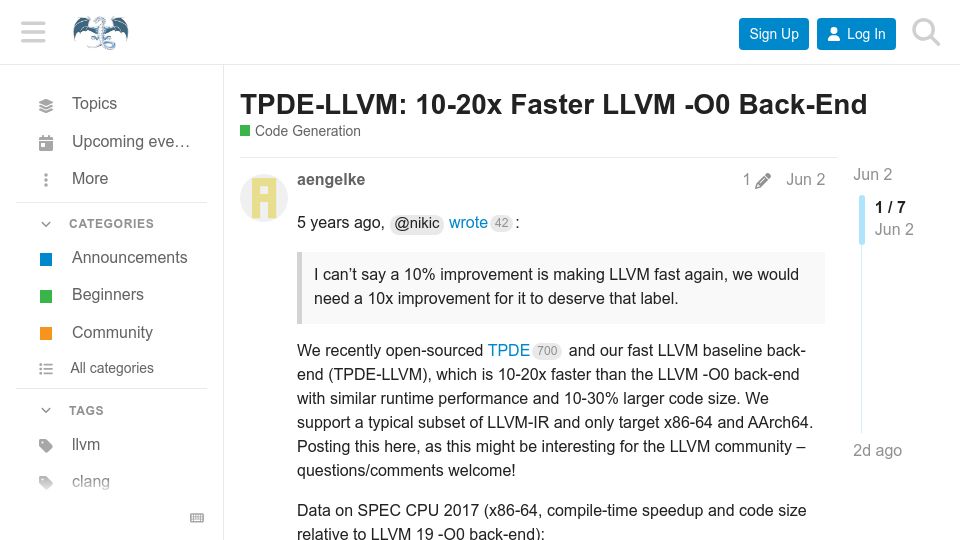 Screenshot of discourse.llvm.org: TPDE-LLVM: Faster LLVM -O0 Back-End