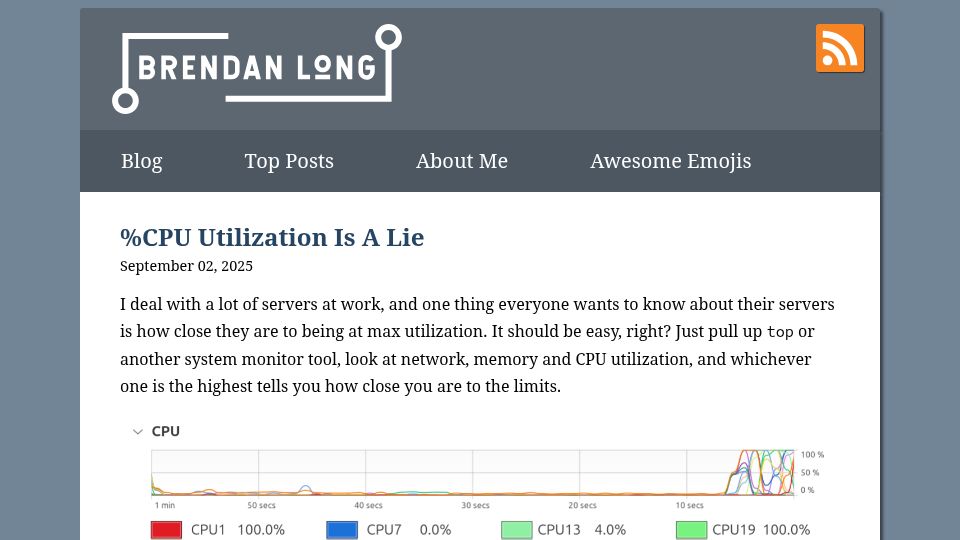 Screenshot of brendanlong.com: %CPU utilization is a lie