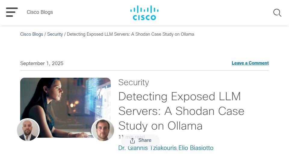 Screenshot of blogs.cisco.com: Finding thousands of exposed Ollama instances using Shodan