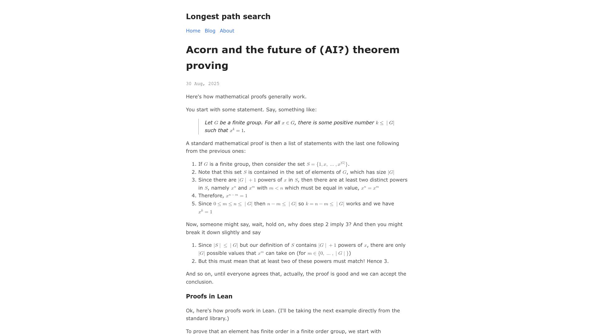 Screenshot of lmao.bearblog.dev: Acorn and the future of (AI?) theorem proving