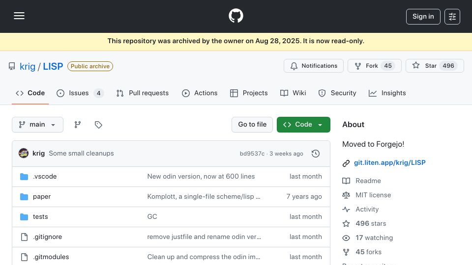 Screenshot of github.com: Lisp interpreter with GC in <750 lines of Odin (and <500 lines of C)