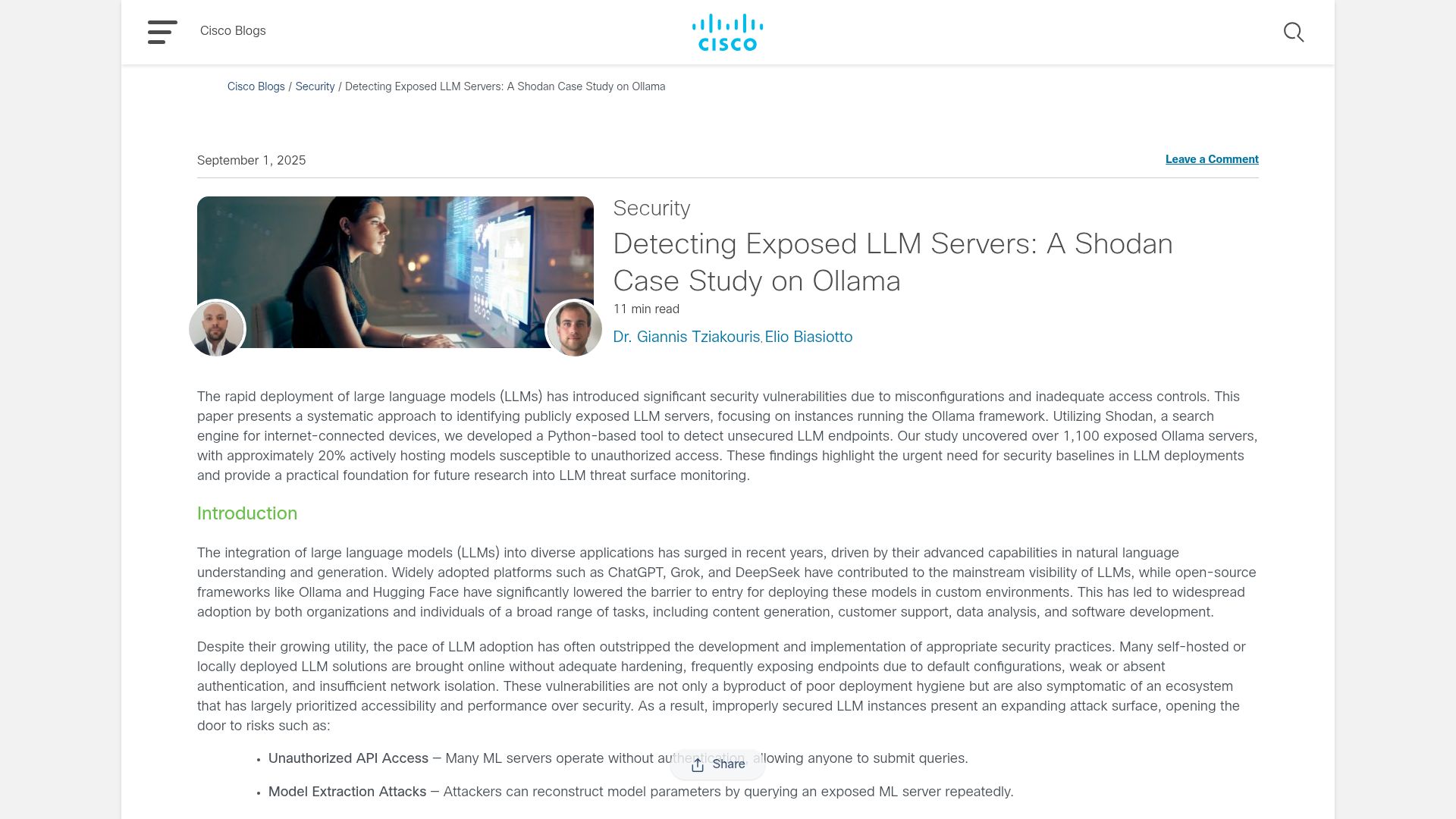 Screenshot of blogs.cisco.com: Finding thousands of exposed Ollama instances using Shodan