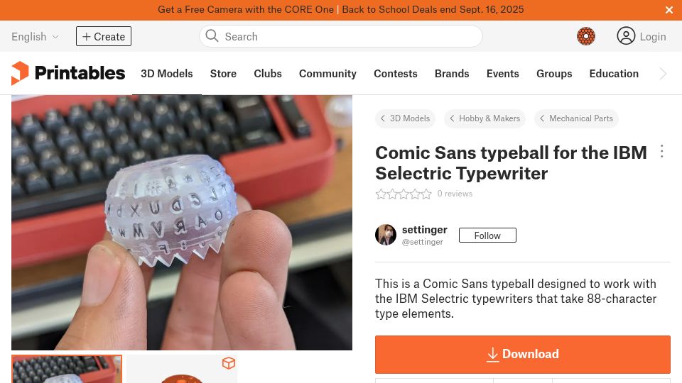 Screenshot of printables.com: Comic Sans typeball designed to work with the IBM Selectric typewriters