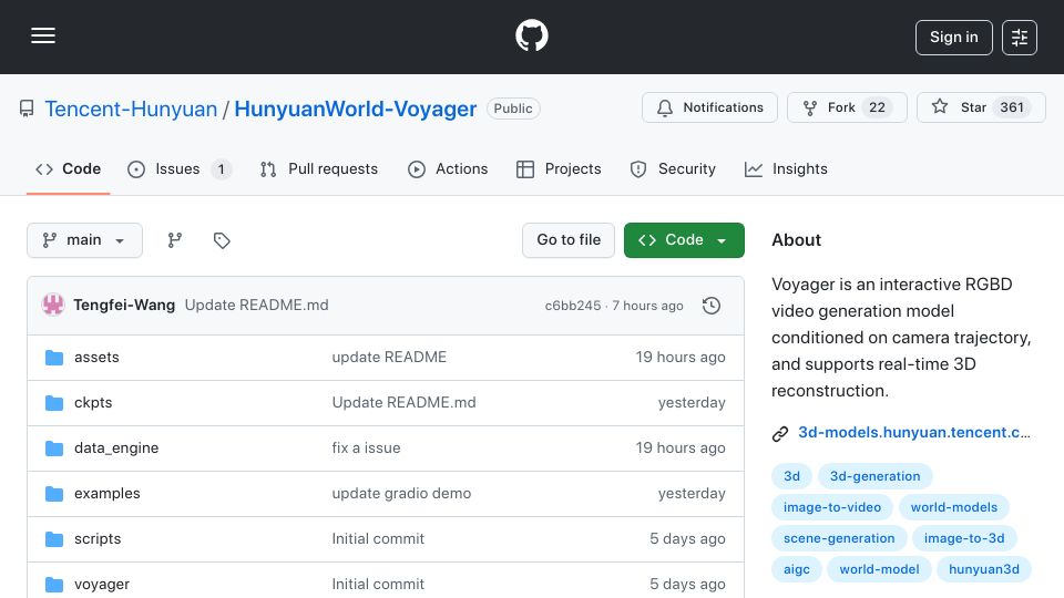 Screenshot of github.com: Voyager – An interactive video generation model with realtime 3D reconstruction