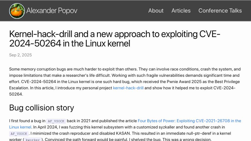 Screenshot of a13xp0p0v.github.io: Kernel-hack-drill and exploiting CVE-2024-50264 in the Linux kernel