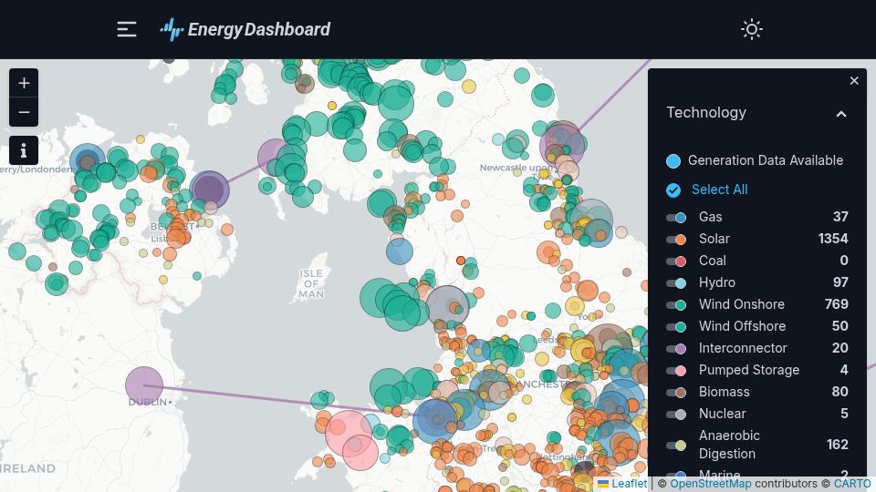 Screenshot of energydashboard.co.uk: UK Electricity Generation Map