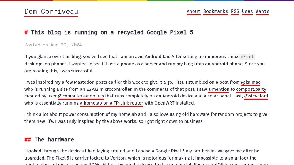 Screenshot of blog.ctms.me: This blog is running on a recycled Google Pixel 5 (2024)