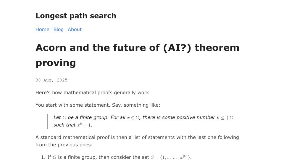 Screenshot of lmao.bearblog.dev: Acorn and the future of (AI?) theorem proving