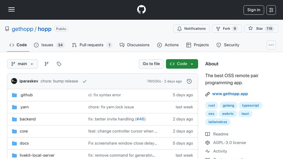 Screenshot of github.com: Show HN: We built an open-source alternative to expensive pair programming apps