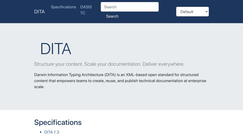 Screenshot of dita-lang.org: DITA – Darwin Information Typing Architecture