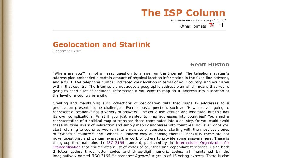 Screenshot of potaroo.net: Geolocation and Starlink