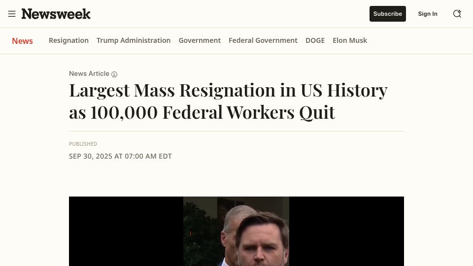 Screenshot of newsweek.com: Largest Mass Resignation in US History as 100k Federal Workers Quit