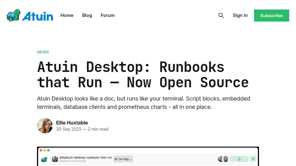 Screenshot of blog.atuin.sh: Atuin Desktop: Runbooks That Run – Now Open Source