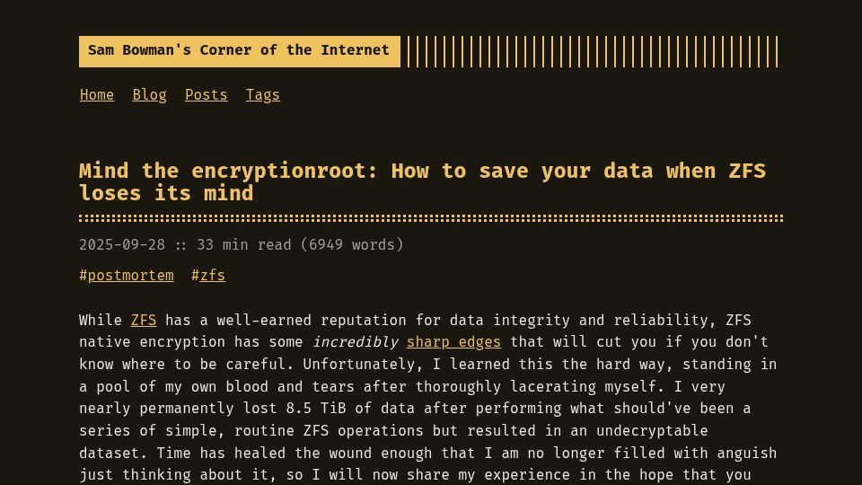 Screenshot of sambowman.tech: Mind the encryptionroot: How to save your data when ZFS loses its mind