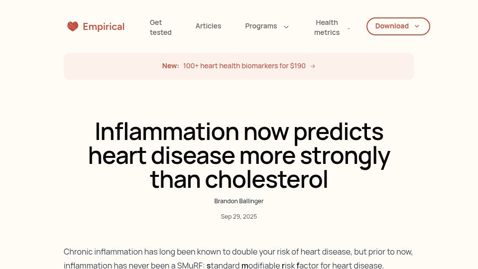 Screenshot of empirical.health: Inflammation now predicts heart disease more strongly than cholesterol