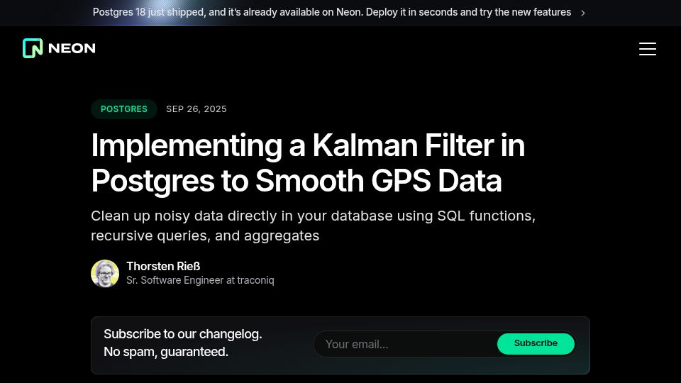 Screenshot of neon.com: Implementing a Kalman Filter in Postgres