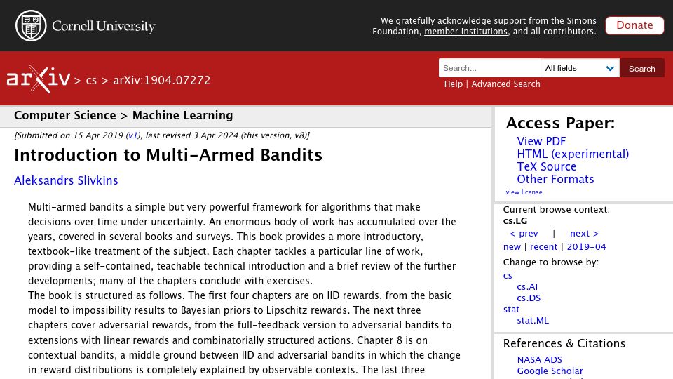 Screenshot of arxiv.org: Introduction to Multi-Armed Bandits (2019)
