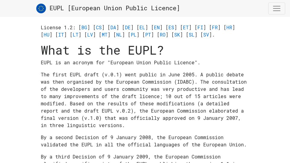 Screenshot of eupl.eu: European Union Public Licence (EUPL)