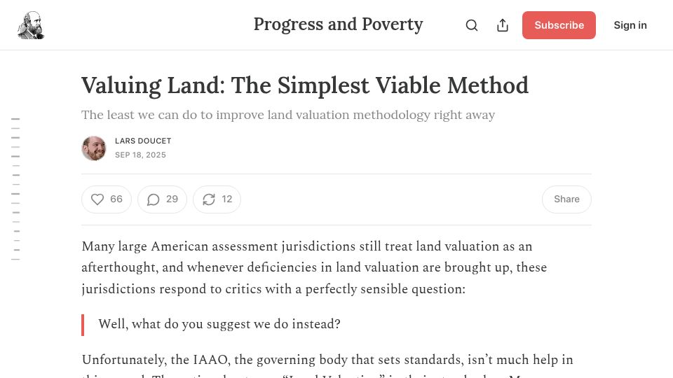 Screenshot of progressandpoverty.substack.com: Valuing Land: The Simplest Viable Method