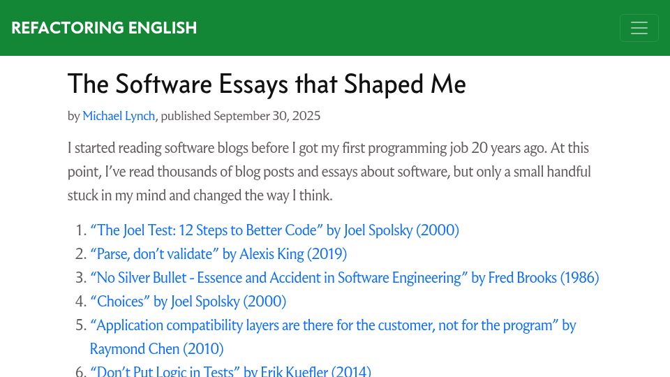 Screenshot of refactoringenglish.com: Software essays that shaped me
