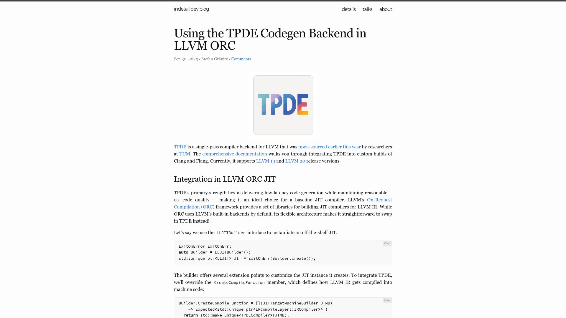 Screenshot of weliveindetail.github.io: Using the TPDE codegen back end in LLVM ORC
