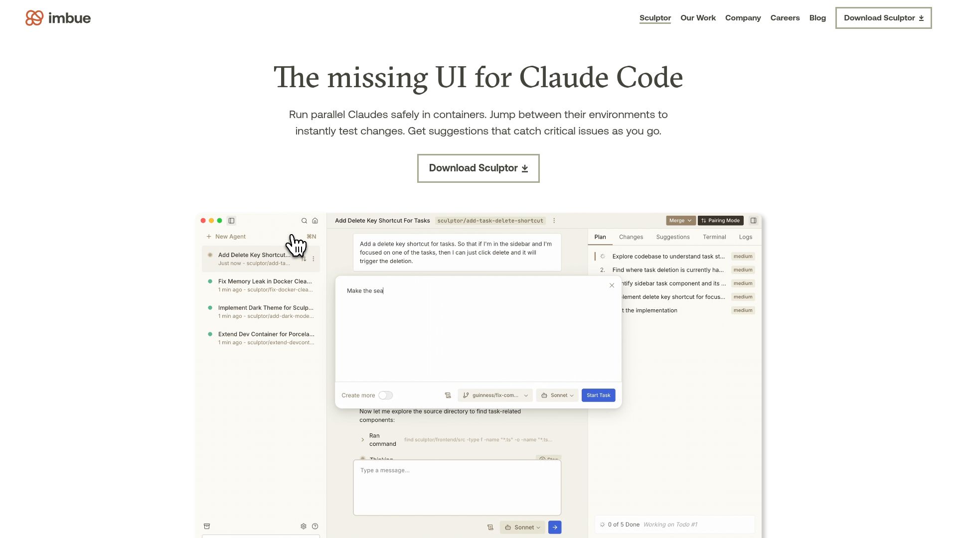 Screenshot of imbue.com: Show HN: Sculptor – A UI for Claude Code