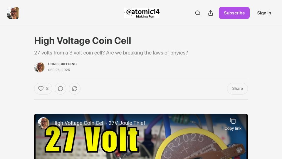 Screenshot of atomic14.substack.com: High Voltage Coin Cell