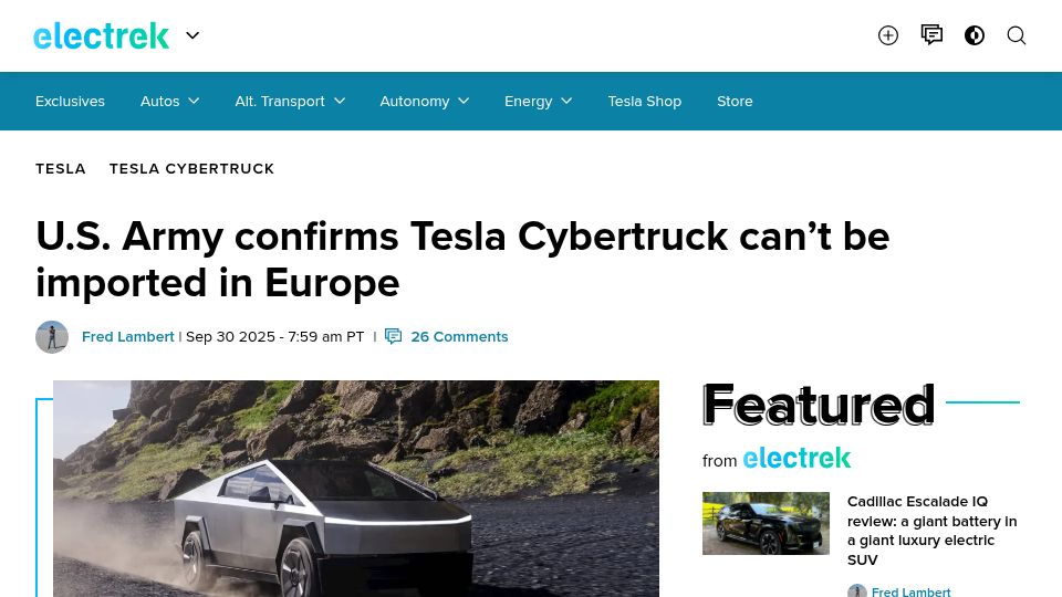Screenshot of electrek.co: U.S. Army confirms Tesla Cybertruck can't be imported in Europe