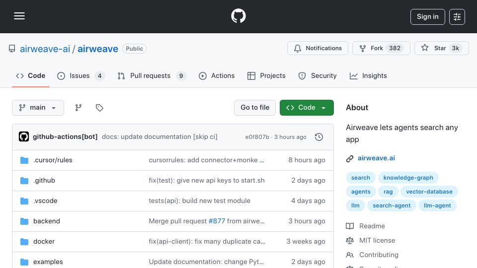 Screenshot of github.com: Launch HN: Airweave (YC X25) – Let agents search any app