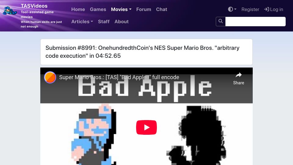 Screenshot of tasvideos.org: Bad Apple but it's played inside Super Mario Bros