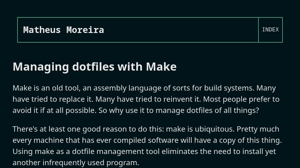 Screenshot of matheusmoreira.com: Managing Dotfiles with Make