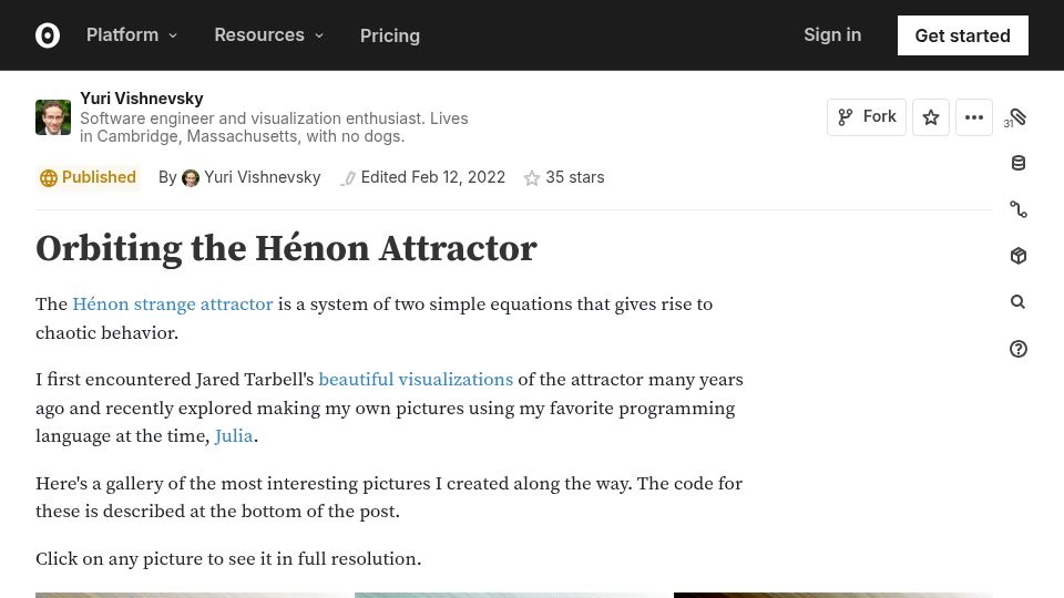 Screenshot of observablehq.com: Orbiting the Hénon Attractor