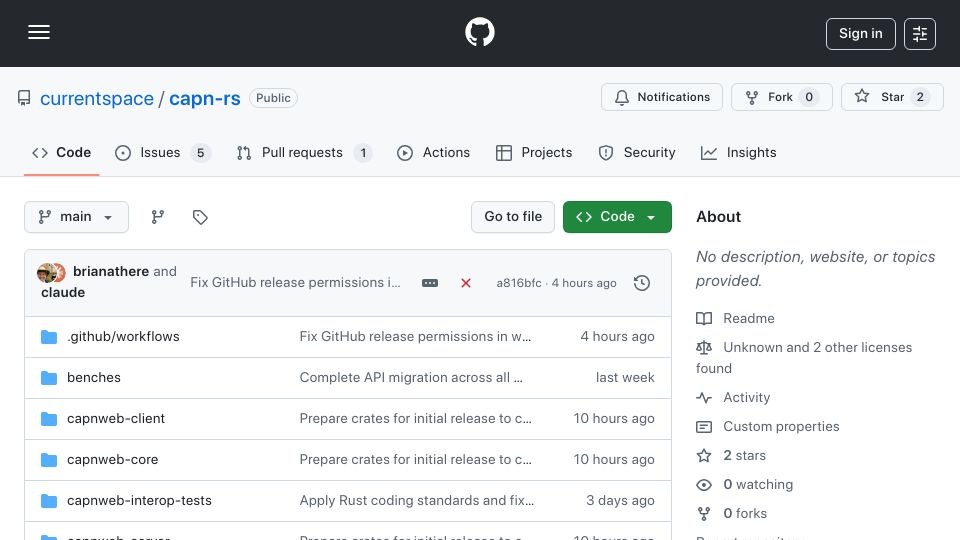 Screenshot of github.com: Show HN: Cap'n-rs – Rust implementation of Cloudflare's Cap'n Web protocol
