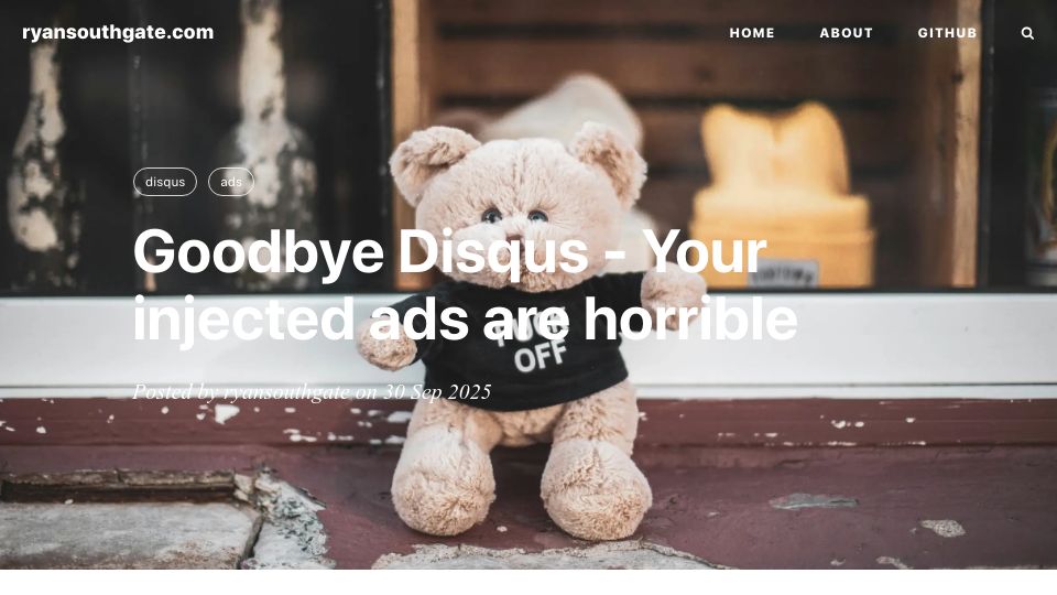 Screenshot of ryansouthgate.com: I’ve removed Disqus. It was making my blog worse