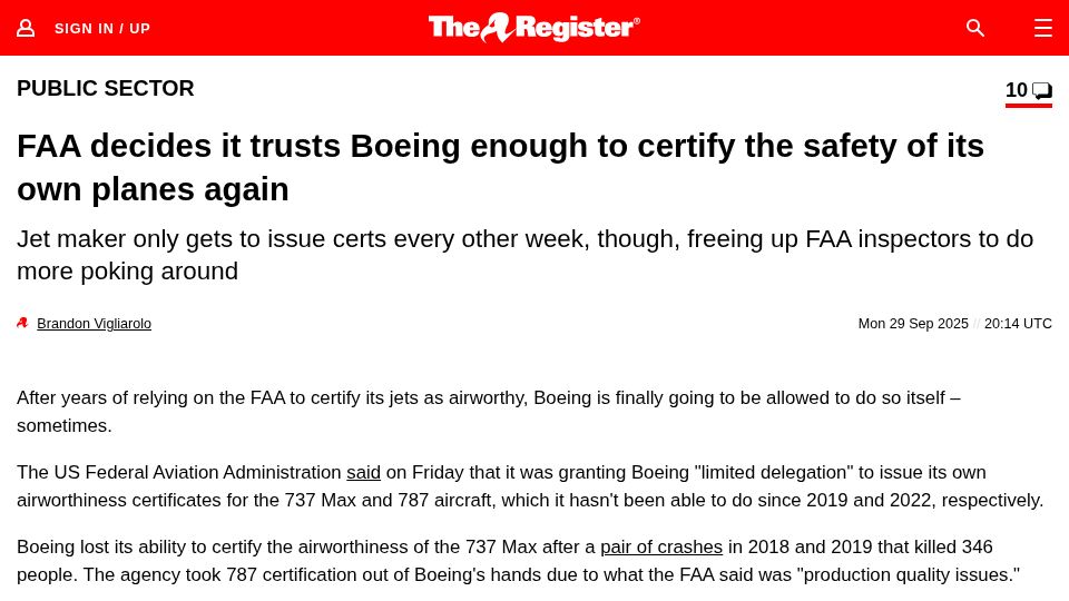 Screenshot of theregister.com: FAA is granting Boeing “limited delegation” to certify airworthiness