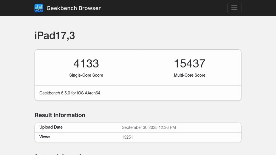 Screenshot of browser.geekbench.com: Leaked Apple M5 9 core Geekbench scores