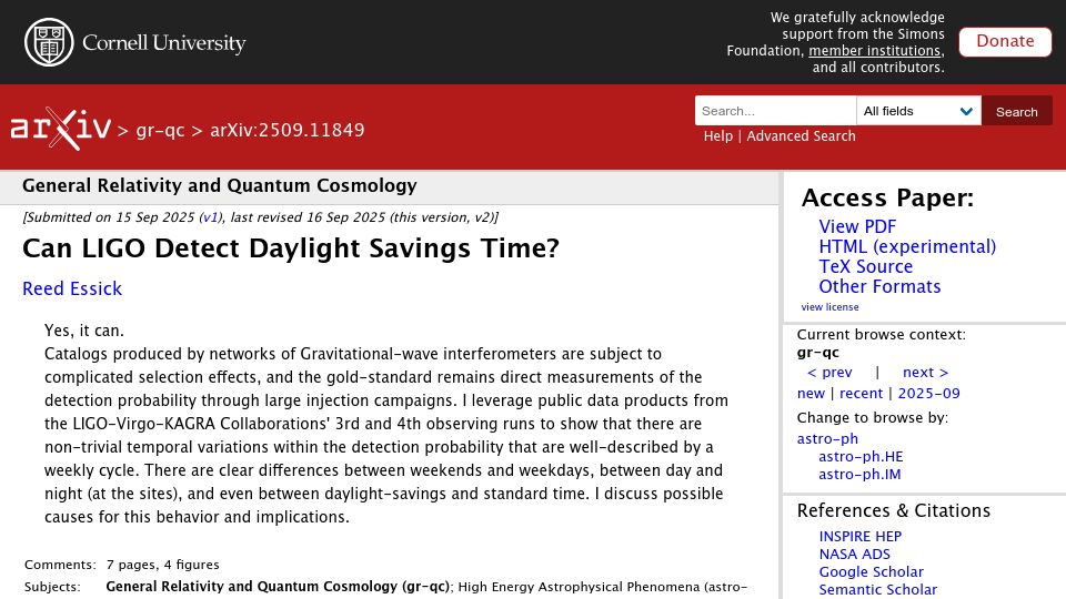 Screenshot of arxiv.org: Can LIGO Detect Daylight Savings Time?