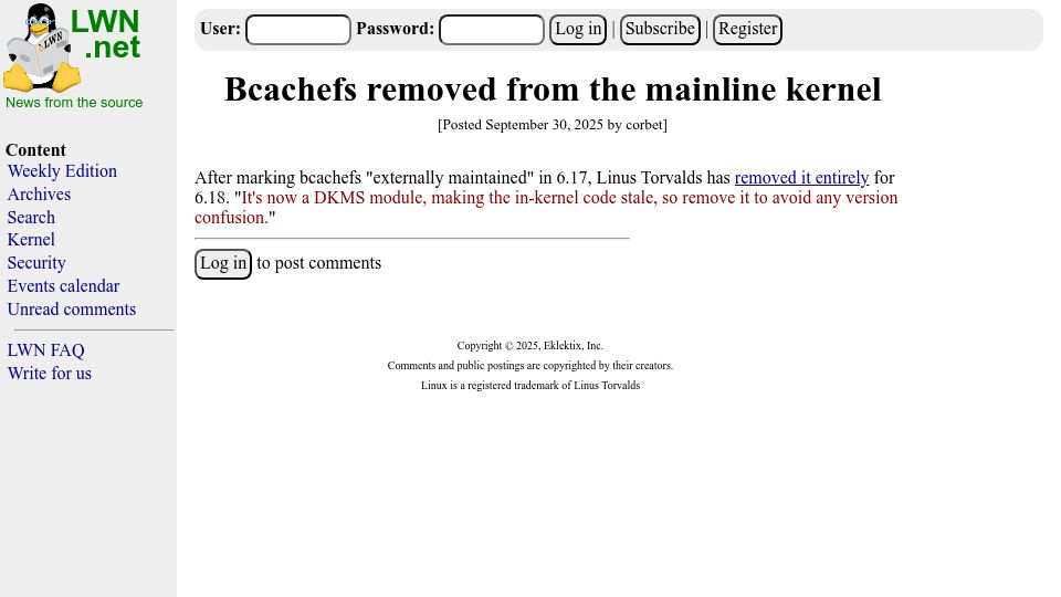 Screenshot of lwn.net: Bcachefs removed from the mainline kernel